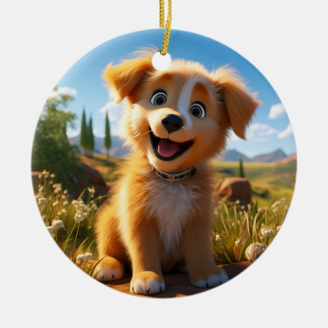 Arkiv - Gul lab återgivningspuppy Julgransprydnad Keramik (Framsidan)