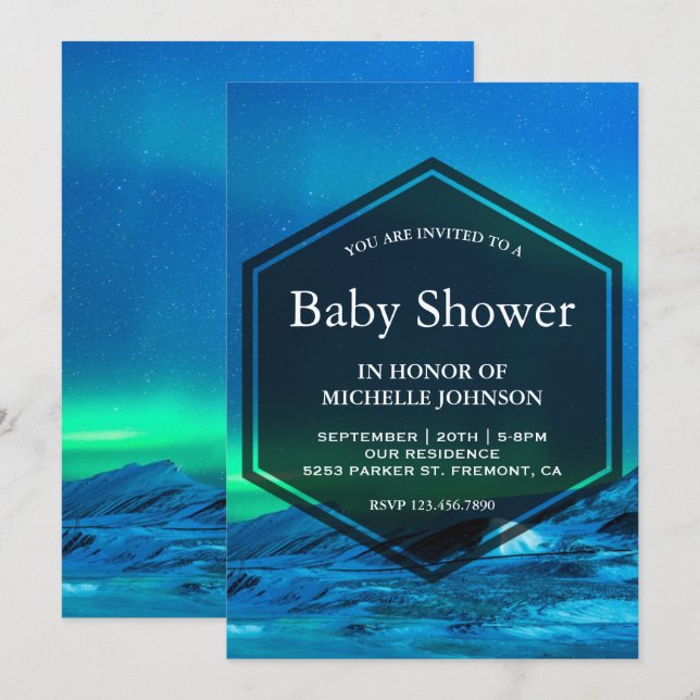Arktisk Aurora Baby Shower Northern Ljus Inbjudningar (Fram/baksida)