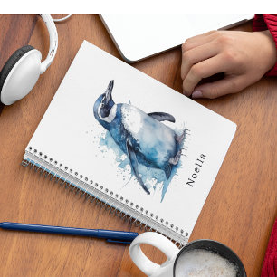 Arktisk Azure Watercolor Penguin, anpassningsbar Anteckningsbok