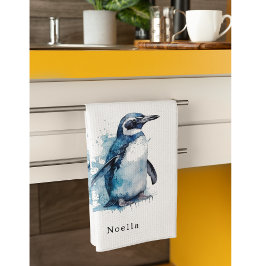 Arktisk Azure Watercolor Penguin, anpassningsbar Kökshandduk