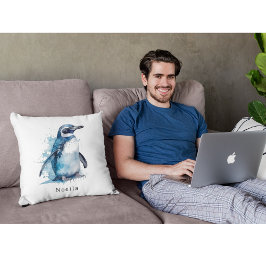 Arktisk Azure Watercolor Penguin, anpassningsbar Kudde