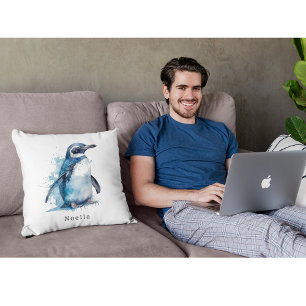 Arktisk Azure Watercolor Penguin, anpassningsbar Kudde