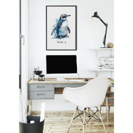 Arktisk Azure Watercolor Penguin, anpassningsbar Poster