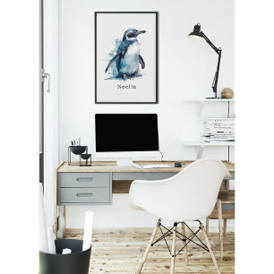 Arktisk Azure Watercolor Penguin, anpassningsbar Poster