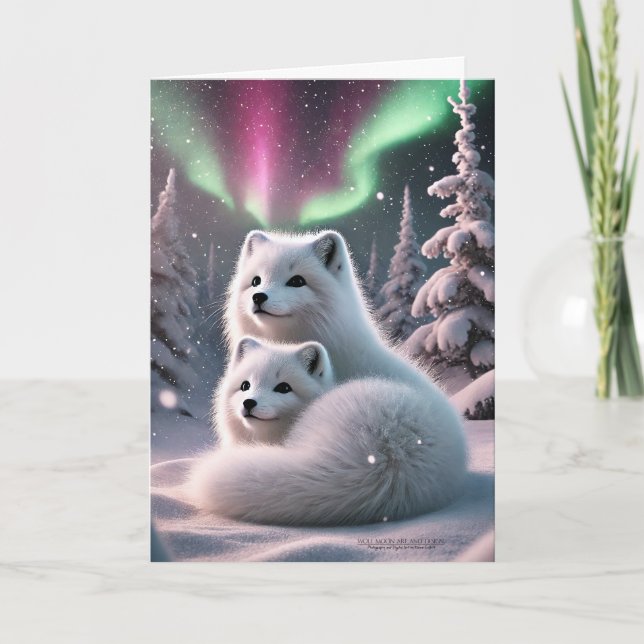 Arktisk fox Pair Aurora Borealis Wintery Woodland Helgkort (Framsida)