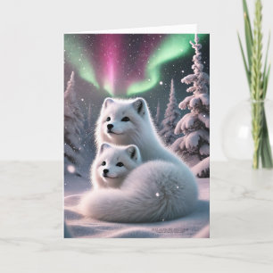 Arktisk fox Pair Aurora Borealis Wintery Woodland Helgkort