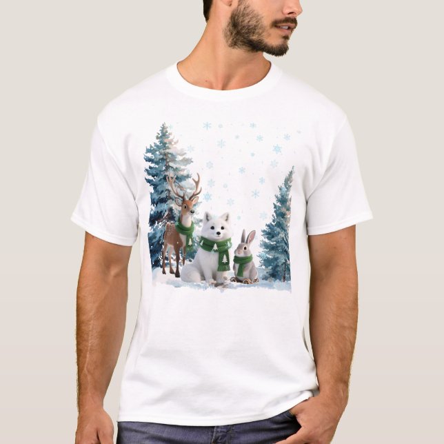 Arktisk Räv Älg och Hare Vinter Djurtrio T Shirt (Framsida)