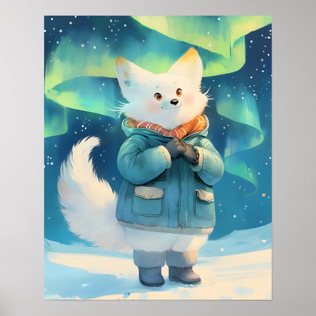 Arktisk räv med Aurora Borealis Nurseries Väggkons Poster (Framsidan)