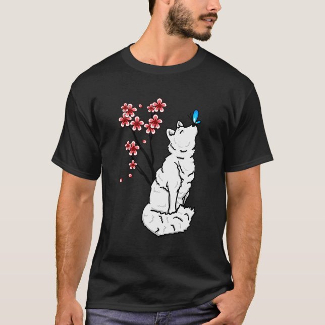 Arktisk räv Sakura Butterfly Cute Animal Lov T Shirt (Framsida)