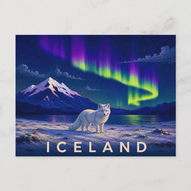 Arktisk räv under Aurora | Ikoniska Island Vykort (Framsida)