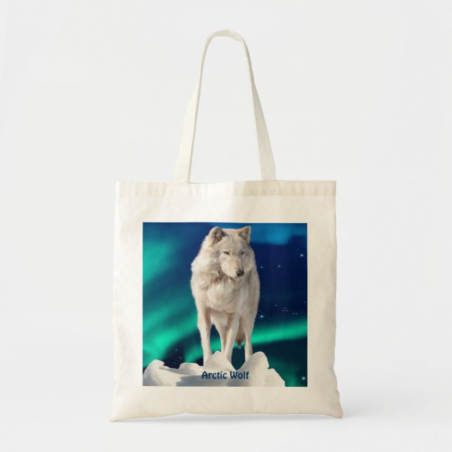 Arktisk Varg, Aurora och stjärnor, tote Bag-samlin Tygkasse (Framsidan)