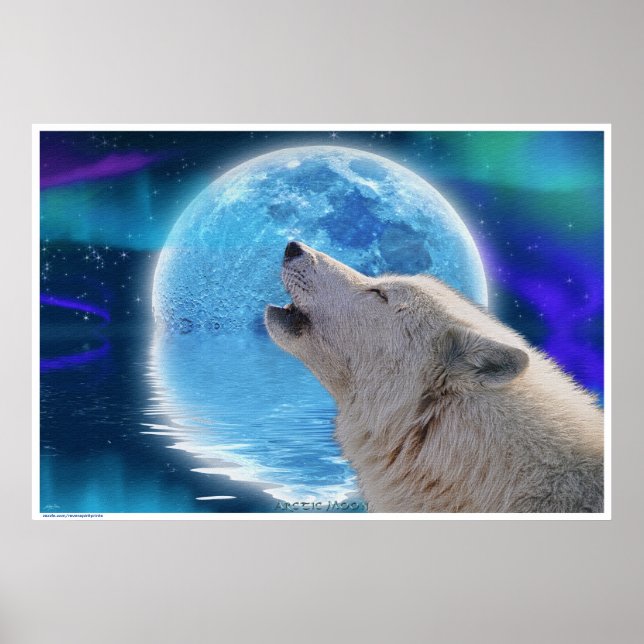 Arktisk Varg Howling vid Aurora & Måne Wildlife Ar Poster (Framsidan)