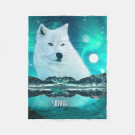 Arktisk varg och magisk natt med norra ljus fleecefilt