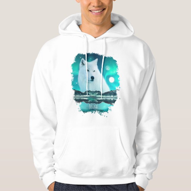 Arktisk varg och magisk natt med norra ljus hoodie (Framsida)