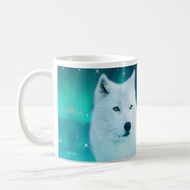 Arktisk varg och magisk natt med norra ljus kaffemugg (Vänster)