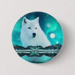 Arktisk varg och magisk natt med norra ljus knapp