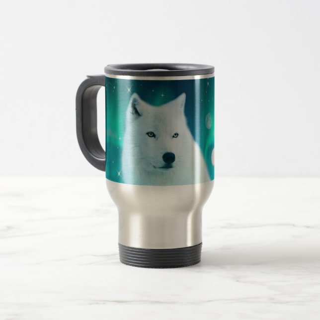 Arktisk varg och magisk natt med norra ljus resemugg (Framsida vänster)