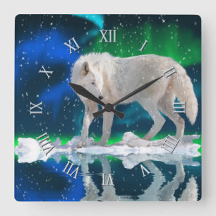 Arktisk Varg, Snö & Aurora Wildlife Art Clock Fyrkantig Klocka