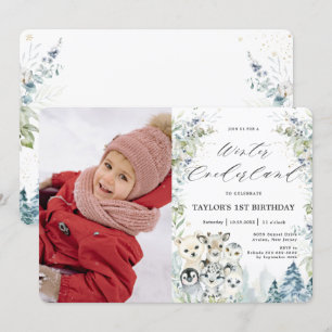 Arktiska djur Vinter Onederland Birthday Photo Inbjudningar
