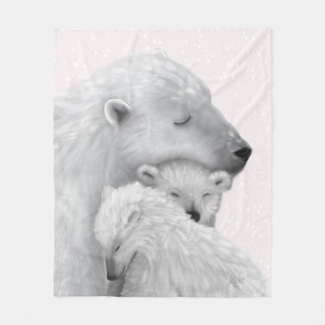Arktiska Kärlek: Polar Bear Family i Rosa Hues Fleecefilt (Framsidan)