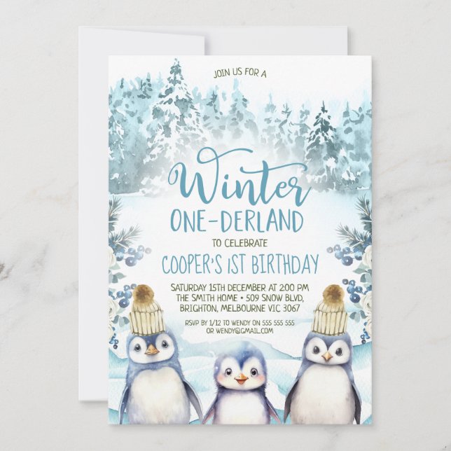 Arktiska Penguins Winter Onederland Birthday Inbjudningar (Framsida)