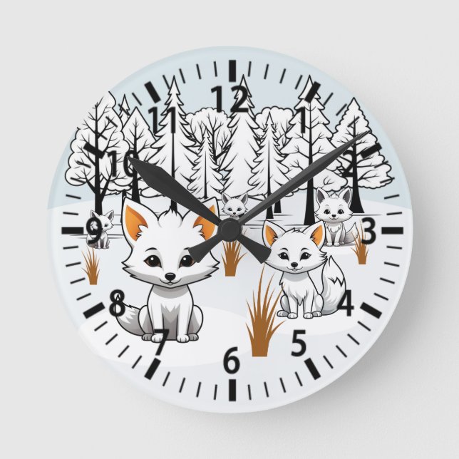 Arktiska rävar - vinterlandskap rund klocka (Framsida)