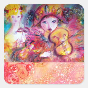 ARLECCHINO OCH COLOMBINA ,Rosa Fuchsia Gult Blue Fyrkantigt Klistermärke