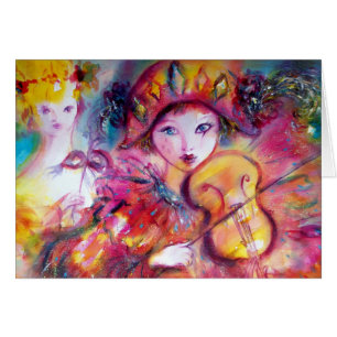 Arlecchino Pluting Violin och Colombina Hälsningskort