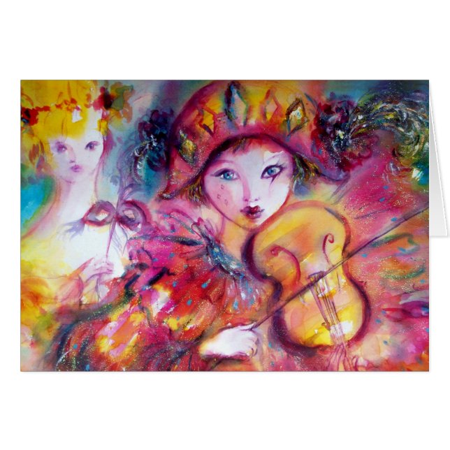 Arlecchino Pluting Violin och Colombina Hälsningskort (Framsidan Horizontal)