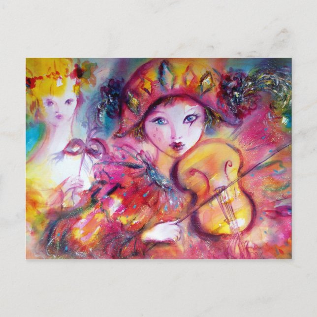 Arlecchino Pluting Violin och Colombina Vykort (Framsida)