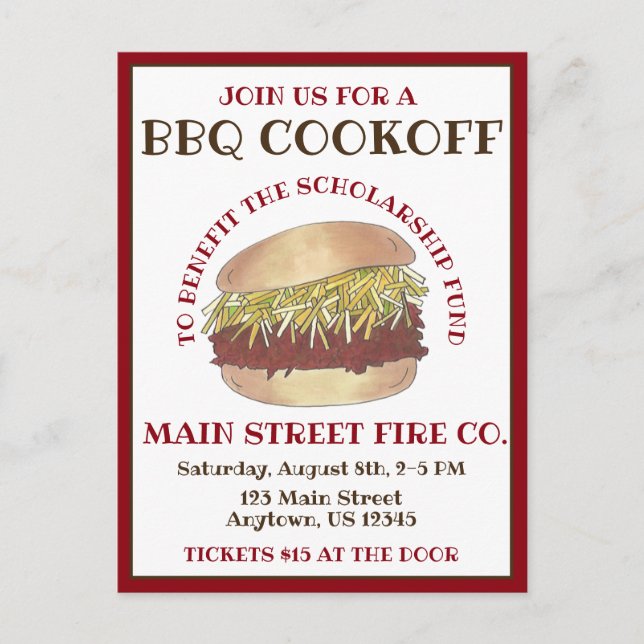 Årlig BBQ Gris Barbecue Sandwich Cookoff Cook av Inbjudan Vykort (Framsida)