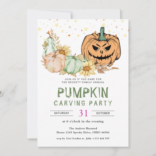 Årlig familjepumpkin Carving Party Halloween Inbjudningar (Framsida)