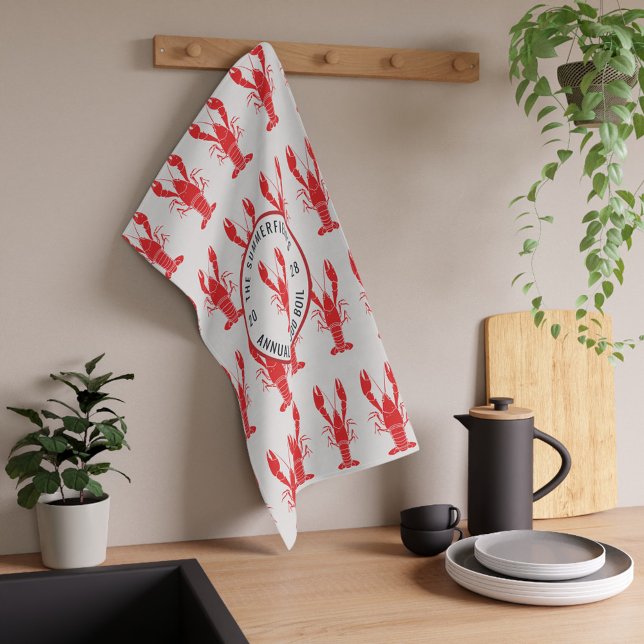 Årlig familjesommarskräftfest tradition kökshandduk (Custom Seafood Boil Lobster Pattern Kitchen Towel)