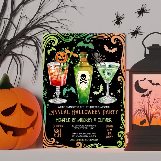 Årlig Halloween Cocktail Party Pumpkin + Poäng Inbjudningar (Annual Halloween Cocktail Party Green and Orange Invitation)