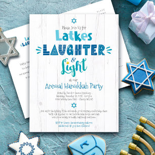 Årlig Hanukkah Party Latkes LaughLight Rustic Inbjudan Vykort
