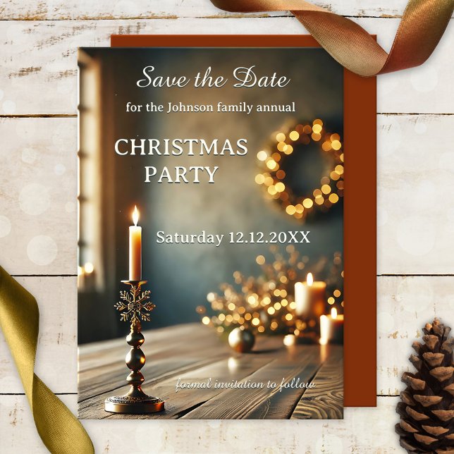 Årlig jul Party Spara datumkortet Spara Datumet (Christmas Holiday party Save the Date card featuring a rustic table with candles and sparkling light)