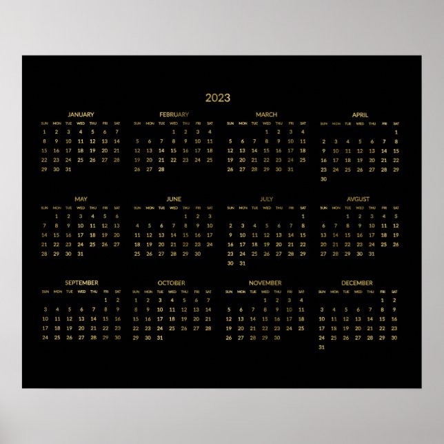 Årlig kalender 2023 Falskt guld och svart affisch (Framsidan)