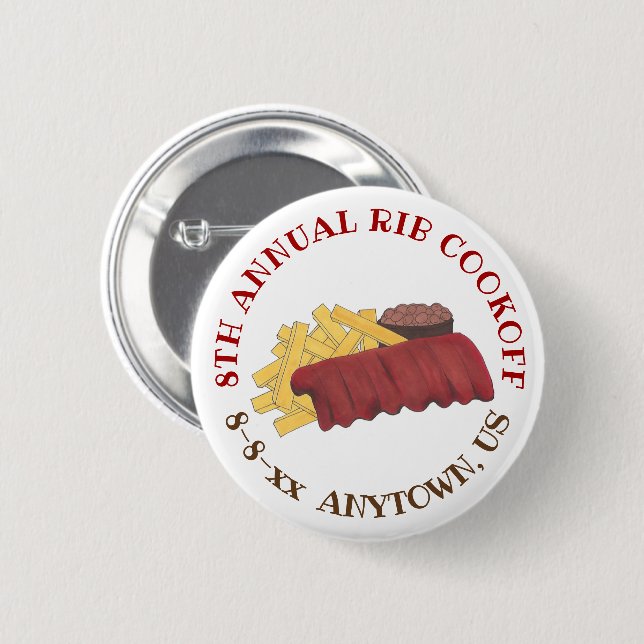 Årlig Rib Cookoff BBQ Spare Ribs Barbecue Foodie Knapp (Framsida & baksida)
