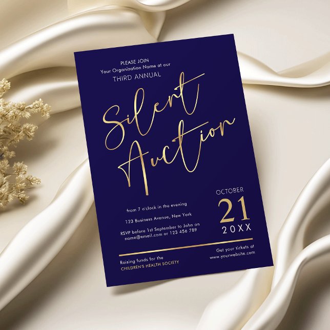 Årlig tyst auktion för elegant marin och Guld Inbjudningar (Silent auction invitation design in navy and gold with elegant script fonts)