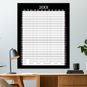 Årlig vy kalender - Svart Vit målplanerare Poster