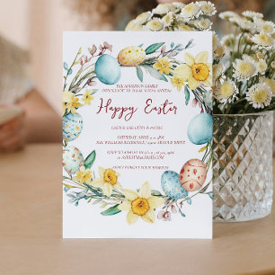 Årliga dekorationsägg och blommigt glad påsk inbjudningar