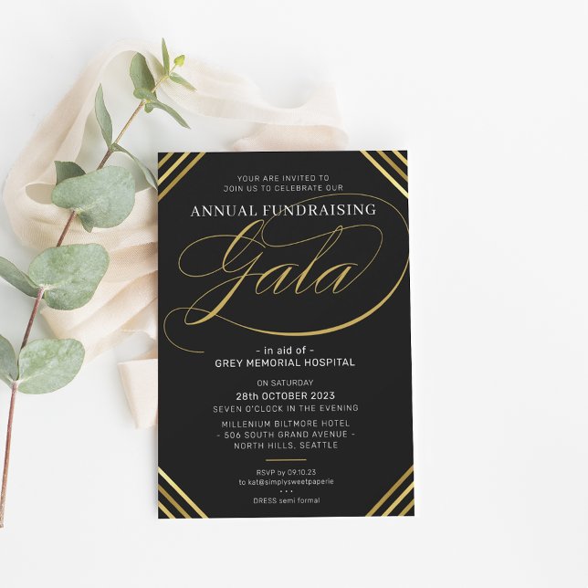 ÅRLIGT GALA modern elegant, svart vit guld Inbjudningar (Skapare uppladdad)