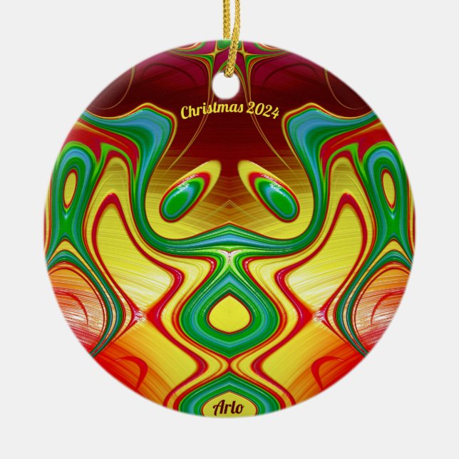 ARLO ~ CHRISTMAS Bright Gult Red Grönt 2024 Julgransprydnad Keramik (Framsidan)