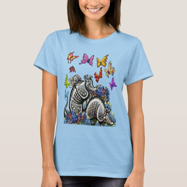 Armadillos Bluebonnets Butterflies Wildblommor T Shirt (Framsida)
