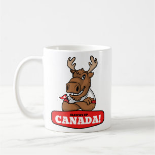 Armbågar upp Kanada! Rolig älg som håller i flagga Kaffemugg