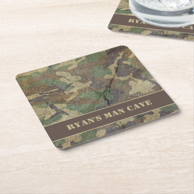 Armé Camo Wood Struktur Camouflage Grönt Man Cave Underlägg Papper Kvadrat (Vinklad)