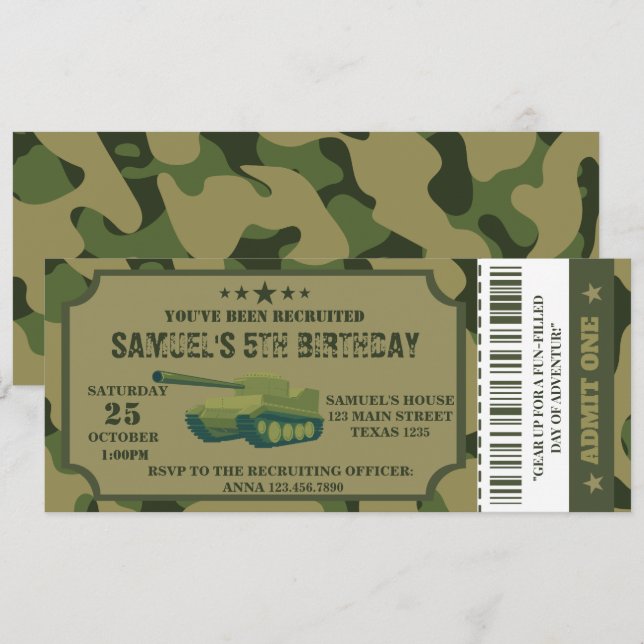 Armé Födelsedagsfest inbjudan biljett (Fram/baksida)