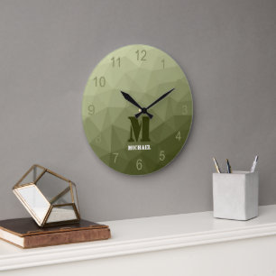 Armé ljusgrön geometrisk nätmönster Monogram Stor Klocka
