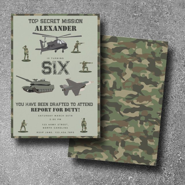 Armé Militär Kamouflage Grön Kamouflage Födelsedag Inbjudningar (Army Military Camouflage Green Camo Birthday Invitation)