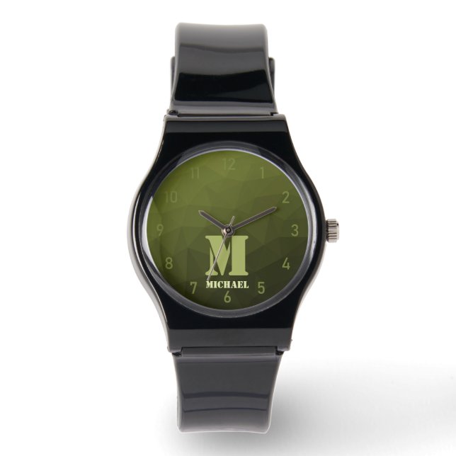 Armégrön oliv geometrisk mesh-mönster Monogram Armbandsur (Framsida)